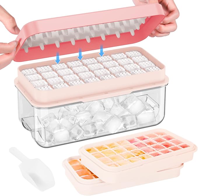 1.0" Ice Cube Trays for Freezer, PHINOX Ice Tray, 2-Tier(32Cubes/Tier) Pink