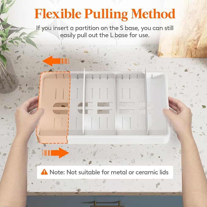 Lifewit Kitchen Cabinet Organizer for Food Contanier Lid with 9 Sections | Expandable Lid Holder with 8 Adjustable Dividers for Pantry Organizers and Storage, White, Extra Large, 13"-24"
