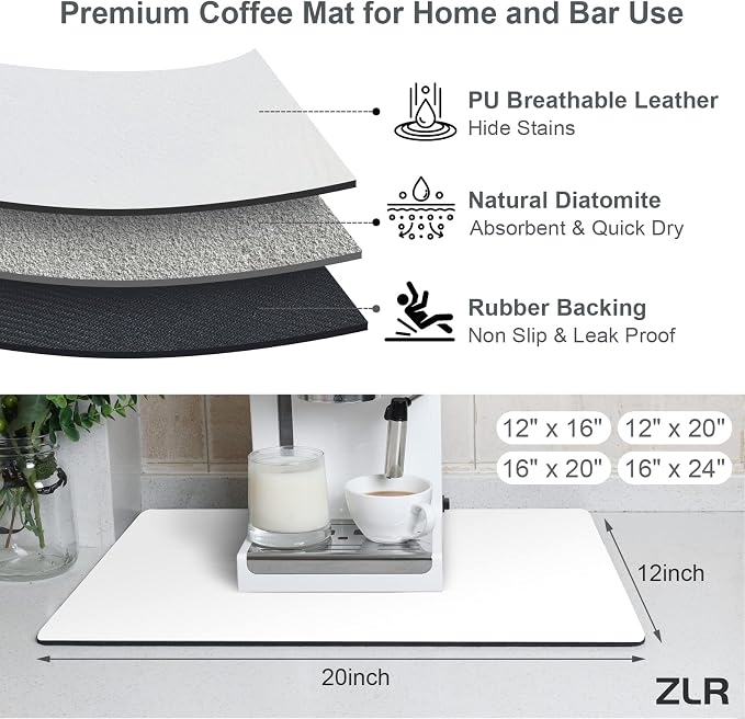 ZLR Coffee Bar Mat for Espresso Machine, 12"x20" Medium, Milk White | Absorbent Dish Drying Mat, Stain-Hiding PU Top, Non-Slip Back, Fits Grinder, Knock Box, Tamper & Milk Frother