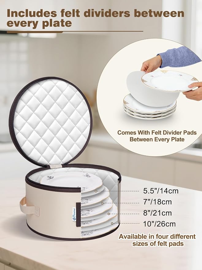 punemi Fine China Storage Containers, 5-Piece Hard Shell Set for Moving | Quilted dish protectors; with dividers, stackable organizer for coffee mug plates and dinnerware, for packing & moving, beige