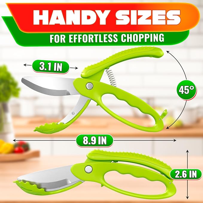Salad Scissors for Chopped Salad, 8.9 In Stainless Steel | Double-Blade Lettuce Chopper Scissors; Chops Greens, Tomato & Herbs in Bowl, No Knife Needed; Anti-Splash Head; Safety Lock