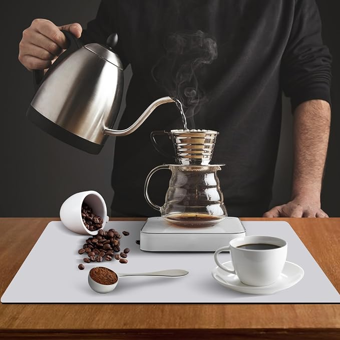 ZLR Coffee Bar Mat for Espresso Machine, 12"x20" Medium, Light Gray | Absorbent Dish Drying Mat, Stain-Hiding PU Top, Non-Slip Back, Fits Grinder, Knock Box, Tamper & Milk Frother