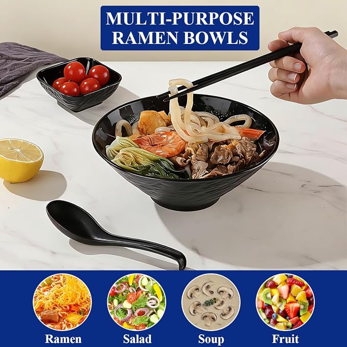 Berglander Ramen Bowl Set 40 oz of 4 with Dipping Bowls Chopsticks Spoons, Unbreakable Japanese Style Plastic Noodle Soup Bowls for Asian Pho Soup Thai Miso Udon Wonton