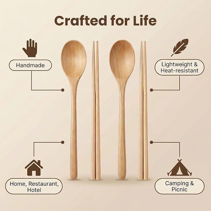 Handmade Wooden Cutlery Set by Diulazin - 4PCS Reusable Spoon and Chopsticks, High-Grade for Daily Use, Parties, Banquets, Buffets, Catering - Eco-Friendly, 9 Inch (Style E)