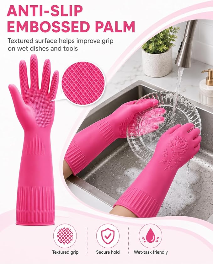 Disfore Rubber-Gloves Dishwashing Gloves for Cleaning-Kitchen - 2 Pairs Long Household Cleaning Gloves for Washing Dishes