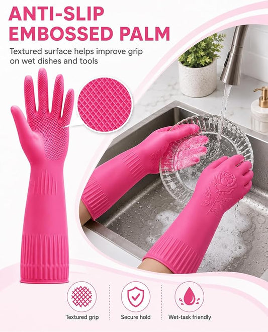 Disfore Rubber-Gloves Dishwashing Gloves for Cleaning-Kitchen - 2 Pairs Long Household Cleaning Gloves for Washing Dishes