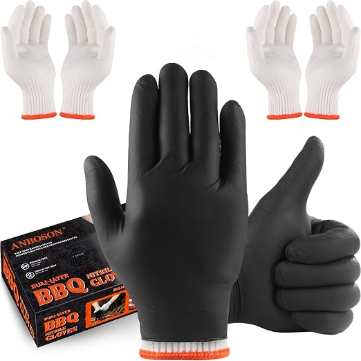 ANBOSON BBQ Gloves Disposable, Heat Resistant Grilling Gloves for Cooking | 6Mil Disposable Nitrile Gloves-100Ct & 4 Cotton Liners for BBQ, Grill, Smoker, Cooking, Food Prep, Catering, XLarge, Black