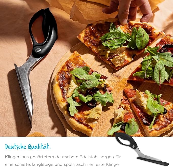 Dreamfarm Scizza 2-In-1 Easy Ergonomic Pizza Scissors with Stainless Steel Pizza Cutter Blades & Non-Stick Slice Server - Black | Cuts and serves pizza with non-scratch, heat resistant serving base, spring-loaded German stainless steel blades