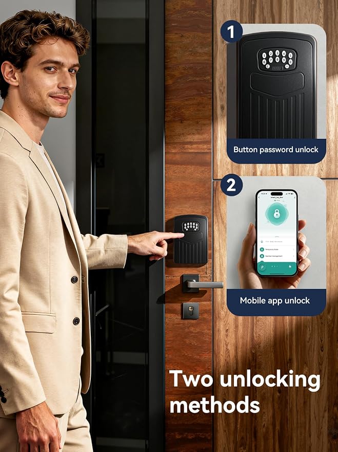 NexusLab Smart Key Lock Box with App Control, Bluetooth & Digital Password Combination Lock, Wall Mount Heavy Duty Metal Key Safe Box for Home, Office, Real Estate & Airbnb Outdoor