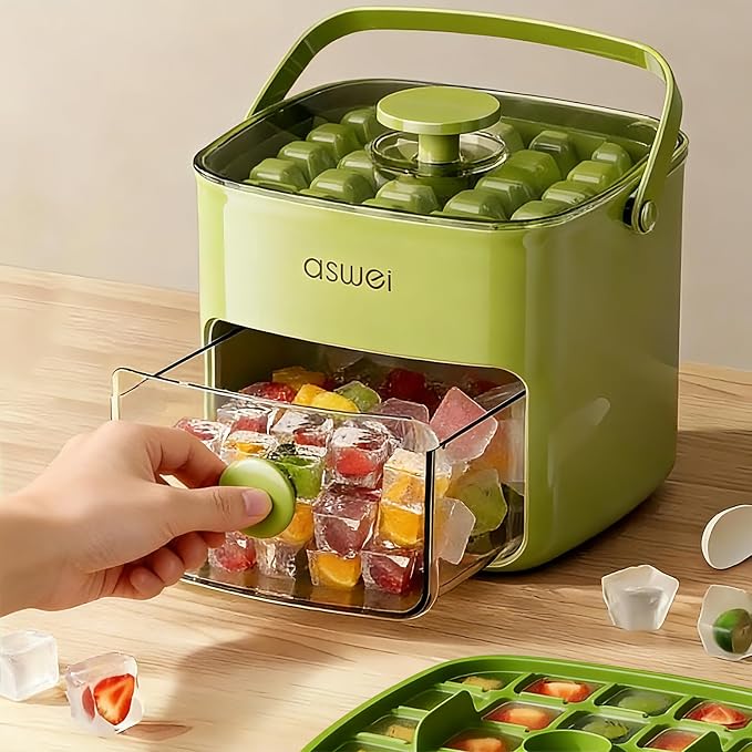Ice Cube Maker, Ice Cube Tray with Lid and Bin, Portable Small Ice Maker, Handled Press-Type Ice Cube Trays for Freezer with Bucket Tongs for RV, Office, Mini Ice Cube Trays, BPA-Free (Green)