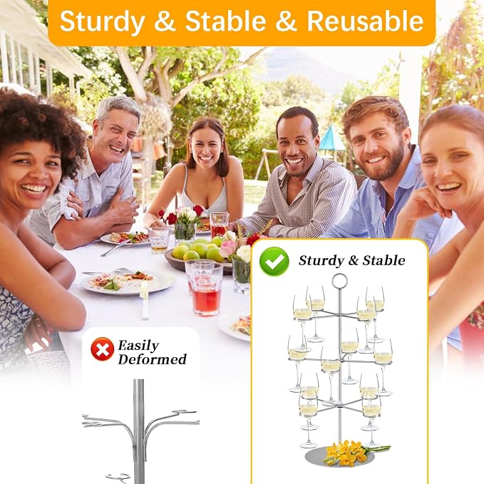 QPIX DIGITAL Cocktail Tree Stand, Metal Drink Tower, 3 Tier - 12 Holders For Champagne, Cocktails,Martini, Margarita Cups at Weddings, Bridal Shower, Mimosa Bar Parties & Events (Silver)