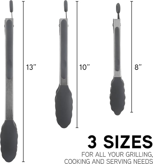 COOK WITH COLOR Stainless Steel Silicone Tipped Kitchen & BBQ Tongs Set, 3 Pc. Tongs, Black