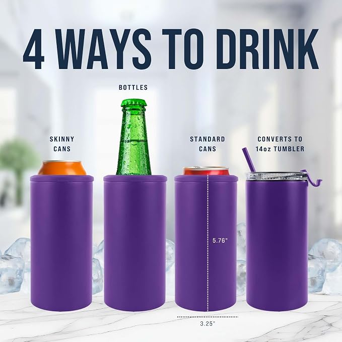 4 in 1 Universal Can Cooler - Purple, Can Holder Insulated, Beer Bottle Cooler, Universal Holder for All Drink Sizes, Stainless Steel Insulated Tumbler, Tailgating Accessories