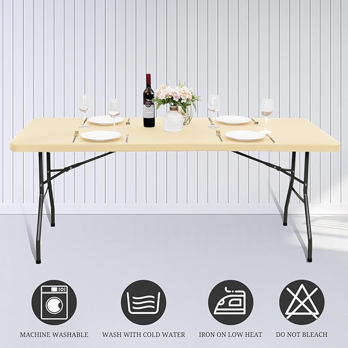 6 Pack Stretch Fabric Table Top Cap Cover, fits 6' Tables, Spandex Table Covers Washable Elastic Rectangle Tablecloth Protector for Indoor Outdoor Party Picnic Wedding, Beige, 30" W x 72" L