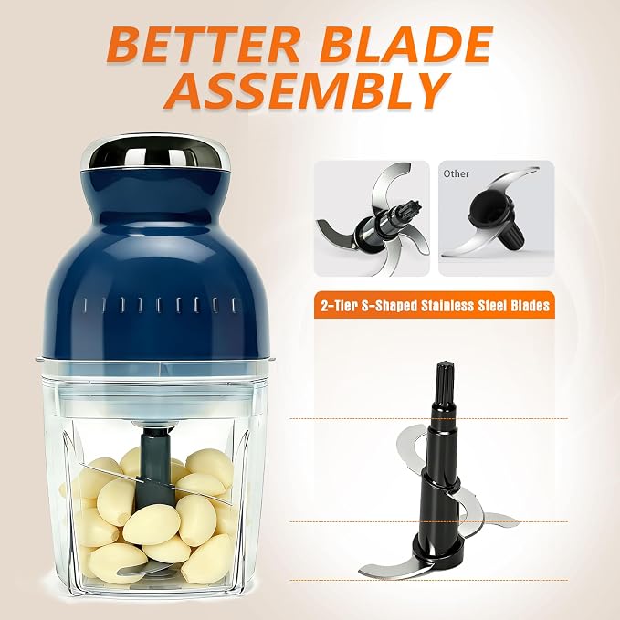 Brigii Electric Garlic Mincer & Onion Chopper, 17oz Mini Food Processor | 250W motor, one-touch control, stainless steel S-blades, chops, minces, grinds, whisks