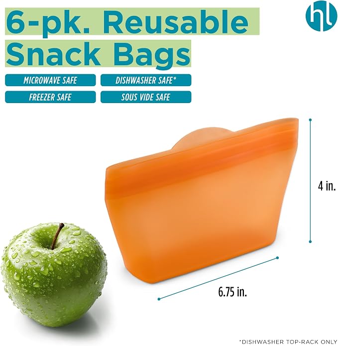 Home Logic Reusable Snack Bags - Set of 6 Firecracker Orange Silicone Freezer Bags, Airtight Leak Resistant Reusable Zip Bags for Kitchen Home Food Prep, Microwave & Sous Vide Safe