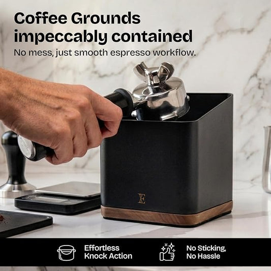 Espresso Knock Box with Lid, 1L Steel Coffee Puck Container, Black | Walnut non-slip base, quiet rubber knock bar, holds 20-25 pucks, dump bin for used grounds, home barista station essential