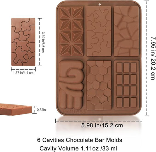 Thin Chocolate Bar Molds, 6 Shapes Break Apart Chocolate Molds Silicone for Candy/Gummy/Wax Melts/Resin, 2 Pcs Fruit Snack Molds for Fondant/Jelly/Desserts
