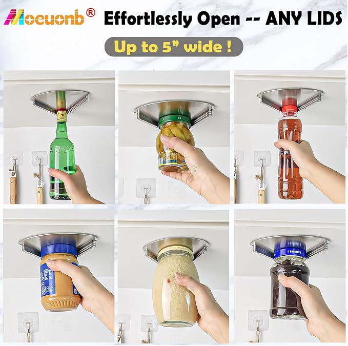 Moeuonb Under Cabinet Jar Opener for Seniors Lid Cap Opener for Weak Hands | Stainless Steel Jar Opener Tool, Under Counter Can Opener, One Handed Jar opener Effort-saving