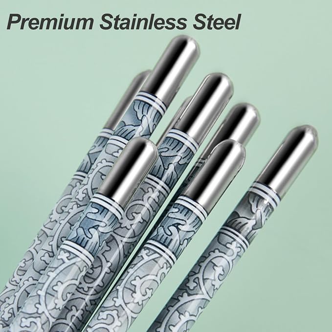 10 Pairs Stainless Steel Chopsticks Dishwasher Safe - 22.4cm/8.82'' Reusable Metal Non-slip Chopstick, Blue & White Pattern Chinese Style Chop Sticks