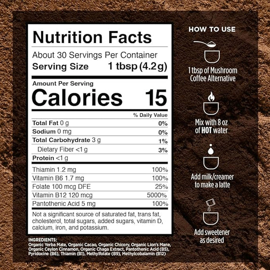 VitaCup Mushroom Coffee Alternative Instant Drink Mix | Mushroom Coffee Substitute for Natural Energy & Focus | Lion’s Mane, Yerba Mate, & Chaga | Cacao, Cinnamon, & B Vitamins | 2 Bags, 60 Servings