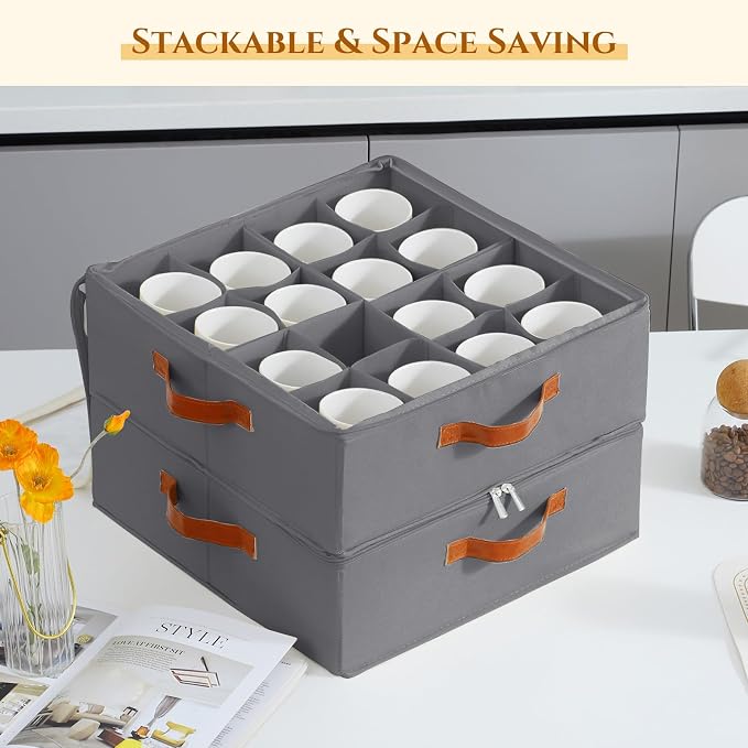 Foyego Cup and Mug Storage Box, Grey | 16 Adjustable Dividers, Hard Shell, with Transparent Lid, 3 Handles, Zippers, Stackable Storage Organizers for Packing&Moving