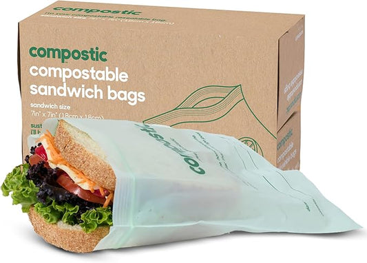 Compostic Compostable XL Sandwich Bags (100 Count) Everyday Essential — Resealable Zip-Seal, Plant-Based, Home Compostable, Freezer & Microwave Safe, BPA-Free, Non-Toxic, GMO-Free Food Storage Bag