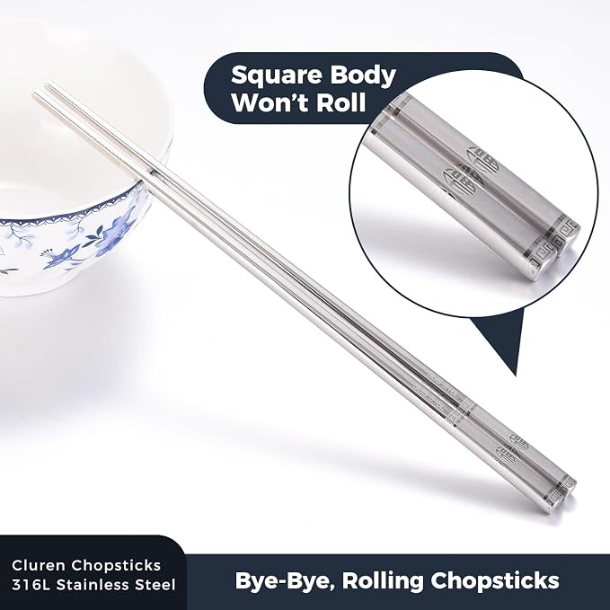 Premium 316L Stainless Steel Chopsticks Set (5 Pair silver) - Reusable Metal Chopsticks with Laser Etching, Elegant Gift Box, Dishwasher Safe
