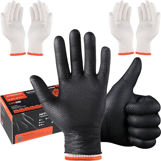 ANBOSON BBQ Gloves Disposable, Heat Resistant Grilling Gloves for Cooking | 10Mil Heavy Duty Nitrile Gloves-100Ct &4 Cotton Liners for Meat Handling Smoker for Hot Food Prep,Non-Slip Grip,XLarge,Black