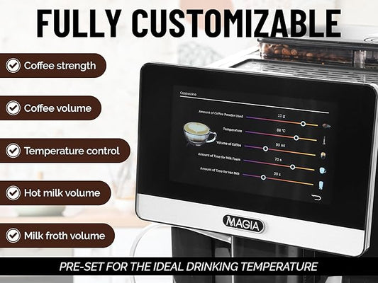 Zulay Magia Fully Automatic Espresso Machine With Grinder - 19 Customizable Coffee Options - Auto-Cleaning For Easy Maintenance - Milk-Foam System For Latte, Cappuccino, Macchiato - New Silver