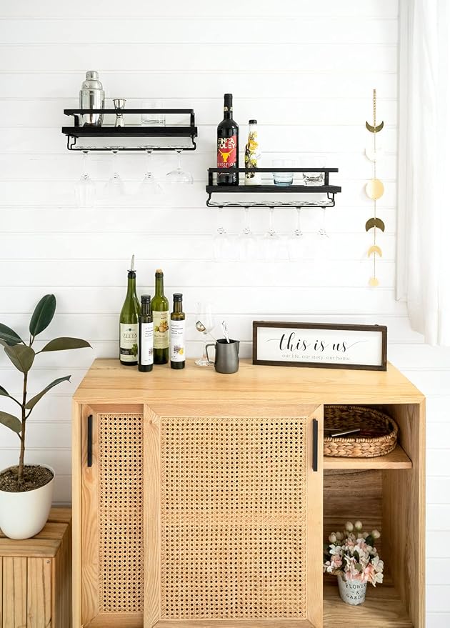 Mkono Wall Mounted Wine Rack Set of 2 Wood Shelf Rustic Wine Bottle Glass Floating Shelves with Stemware Hanger Modern Plants Photos Wine Display Storage Holder for Kitchen Dining Room Bar, Black | Space Saving, Stem Hanger, Floating Design, Store Wine...
