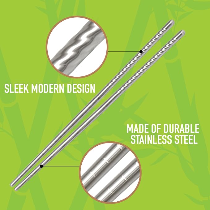 D'Eco Reusable Metal Chopsticks (8 Pairs)- Stainless Steel Twist Apart Silver Chopsticks & Travel Pouch- Lightweight, Durable, Dishwasher Safe- Great for Chinese Japanese Cuisine- On the Go Silverware