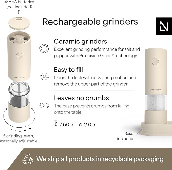 LARS NYSØM Electric Salt and Pepper Grinder Set I Automatic Salt and Pepper Mills with Adjustable Ceramic Grinder I AAA-Battery Operated Electric Spice Mill Set (Cream Beige)