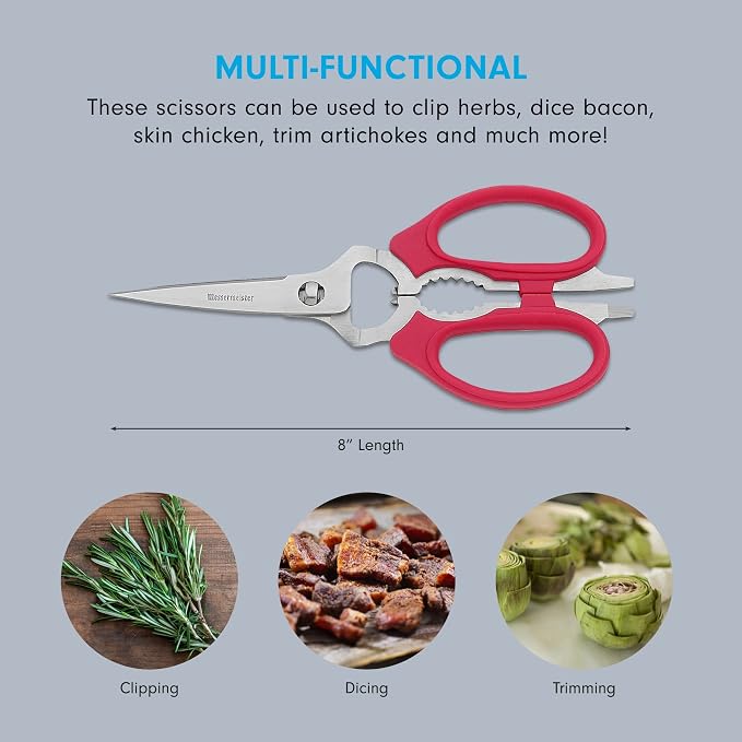 Messermeister 8-Inch Take-Apart Kitchen Scissors, Red - Includes Screwdriver, Nut Cracker, Jar Lid Opener/Gripper, Bottle Opener & Bone + Twig Cutter - Suitable for Lefties & Righties