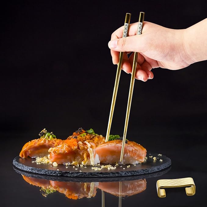 Titanium Stainless Steel 18/8 Chopsticks with Holder, 2 Pairs Dishwasher Safe, Japanese Style Gift Set (Golden)
