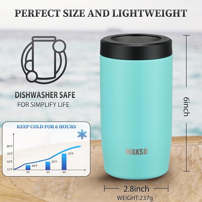 MAXSO Slim Can Cooler, 4-in-1 Double Walled Stainless Steel Insulated Beer Can Holder, Works With All 12 Oz Cans,Bottles & As A Pint Cups - Turquoise