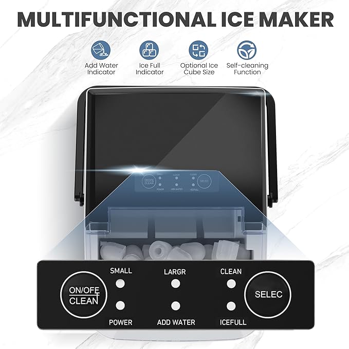 DUMOS Countertop Ice Maker with Handle, 26lbs/24H Portable Ice Machine, 9 Bullet Cubes Ready in 6 Mins, Self-Cleaning, Quiet Compact for Home, Kitchen, RV, Camping, Modern Black