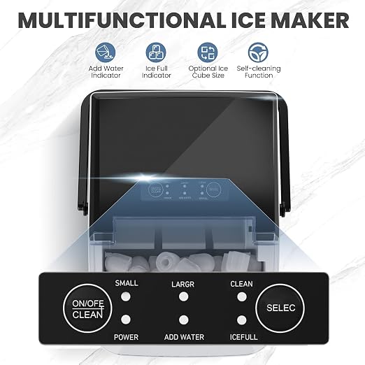 DUMOS Countertop Ice Maker with Handle, 26lbs/24H Portable Ice Machine, 9 Bullet Cubes Ready in 6 Mins, Self-Cleaning, Quiet Compact for Home, Kitchen, RV, Camping, Black