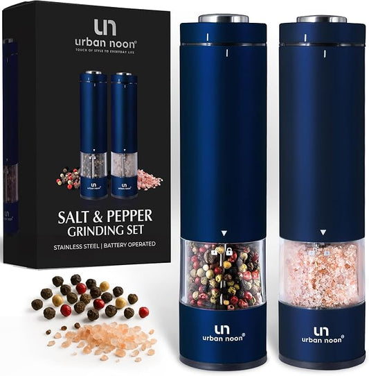 Urban Noon Electric Salt and Pepper Grinder Set (2 Mills, 8.1" Tall) - One-Handed Push-Button Mills with LED Light, Adjustable Ceramic Coarseness, Gift-Ready Box, 1-Year Warranty - Blue