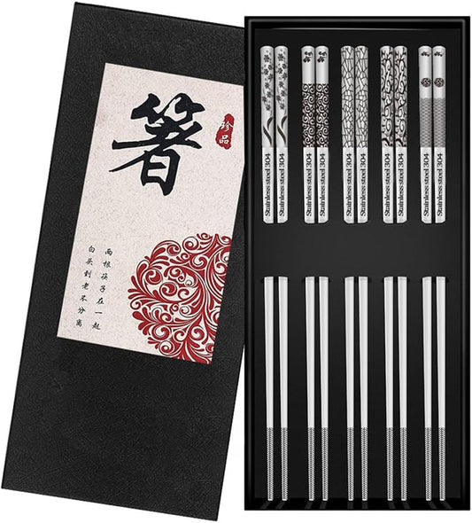 Metal Chopsticks Reusable 5 Pairs: Stainless Chopstick Set Dishwasher Safe,Non-Slip,Gift Box Packaging,Laser Engraved,Japanese Chinese Korean Chop Sticks for Cooking Eating - 5 Patterns