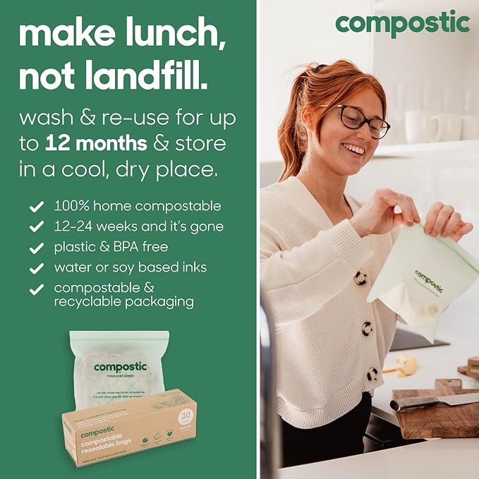 Compostic Compostable XL Sandwich Bags (100 Count) Everyday Essential — Resealable Zip-Seal, Plant-Based, Home Compostable, Freezer & Microwave Safe, BPA-Free, Non-Toxic, GMO-Free Food Storage Bag