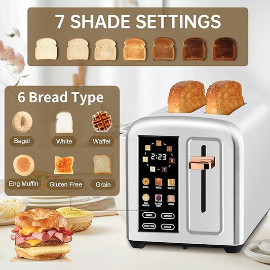 SEEDEEM Toaster 2 Slice, Real Touch Screen with LCD Display, Single-Slice Function, Stainless Steel Toaster, 50% Faster Heating, 1.5" Wide Slots, Removable Crumb Tray, 1350W, Silver Metallic