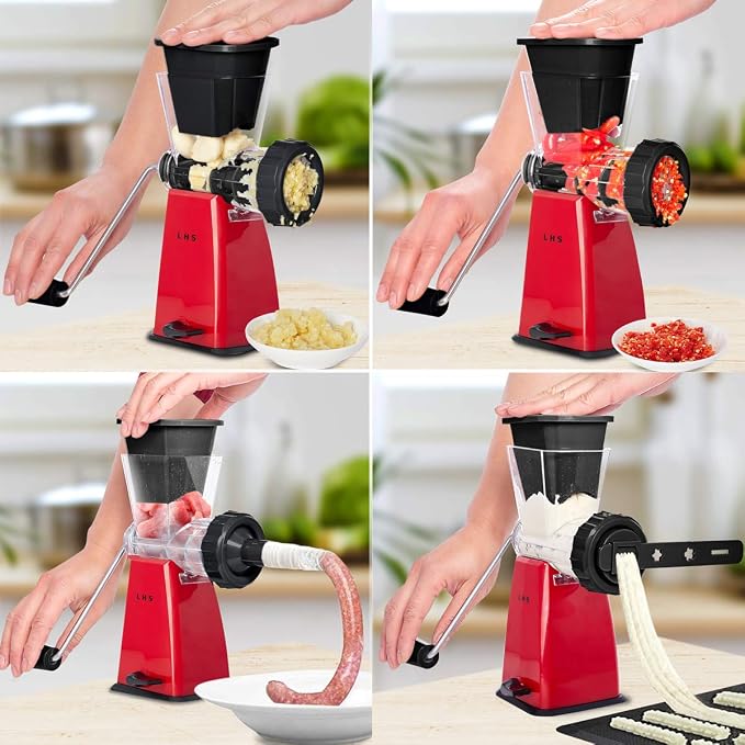 Manual Meat Grinder with Stainless Steel Blades Heavy Duty Powerful Suction Base for Home Use Fast and Effortless for All Meats-Red