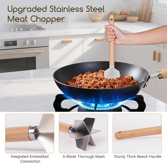 Meat Masher Stainless Steel Meat Chopper, 6-Blade Ground Beef Chopper Tool with 11" Wooden Handle for Hamburger,Turkey & Potato Masher(L, Wood Handle-2pcs)