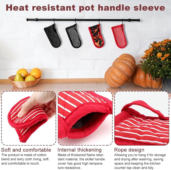4Pcs Cast Iron Skillet Handle Covers Heat Resistant Pot Handle Covers ﻿ | Non Slip Cotton Pan Handle Sleeve Holder Mitts,Washable for Cast Iron Pans,Metal Pots, Griddles Cooking Supplies