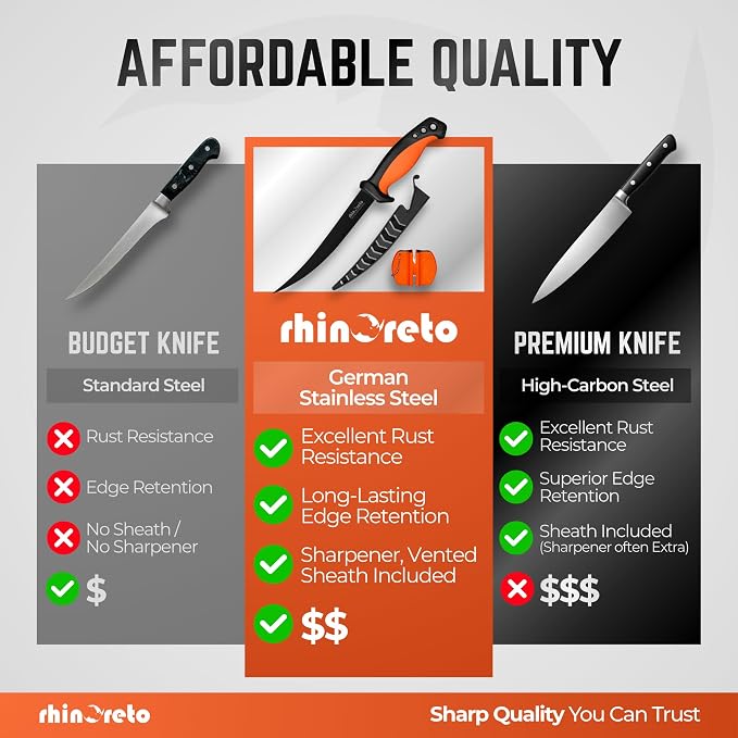 Rhinoreto Fillet Knife for Fish - Razor Sharp G4116 German Stainless Steel Blade, 6.5 Inch Professional Filleting & Boning Knife with Non-Slip Handle, Protective Sheath & Sharpener