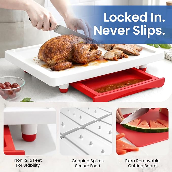 Karving King Plus Large Cutting Board - Juice Groove, Spikes & Drip Tray