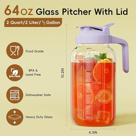 Glass Mason Jar Pitcher, 64 oz Wide Mouth Jug with Pour Spout Handle Lid for Cold Brew Coffee, Ice Beverage, Iced Juice, Lemonade, Sun Tea, Fruit Drinks Container（Purple）