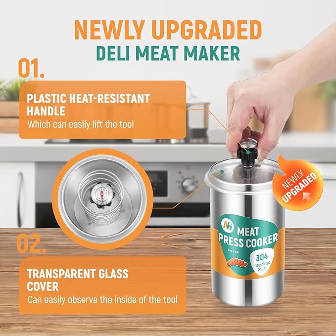 Deli Meat Maker Lunch Press, Stainless Steel Cooker with Glass Cover | With Thermometer, 5 Recipes Cooking Bags, Homemade Ham Lunch Meat, Dishwasher Safe, Easy Cleaning
