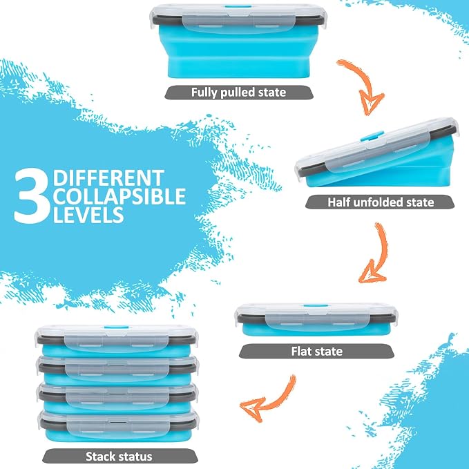 Collapsible Silicone Food Storage Containers Set with Lid & Air Vent,Foldable Lunch Containers(4PCS,Blue,17oz)
